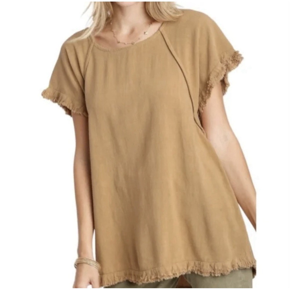 Umgee Top Women's Small Camel Linen Blend Short Sleeve‎ Oversized Classic Beach